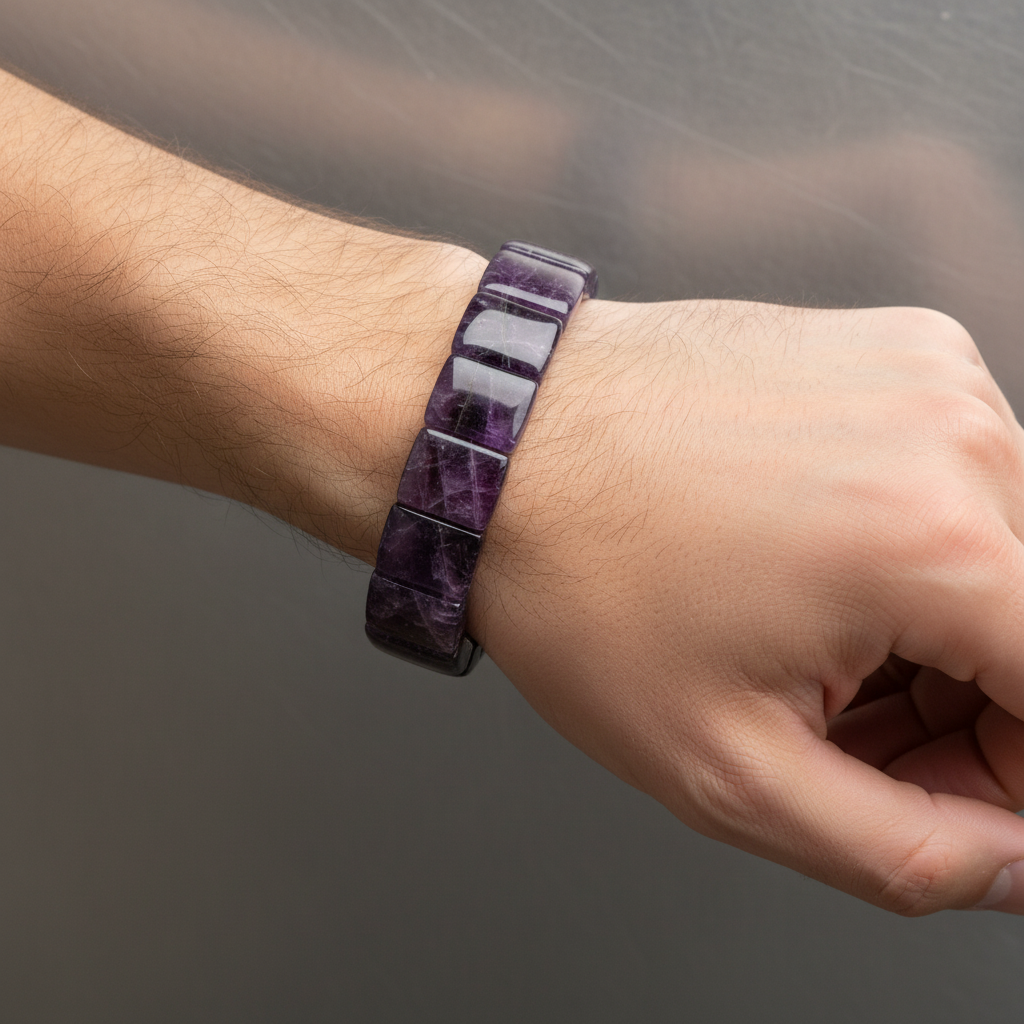 Ametist Doğal Taş Kare Kesim Geniş Kesim Bileklik – El İşçiliği