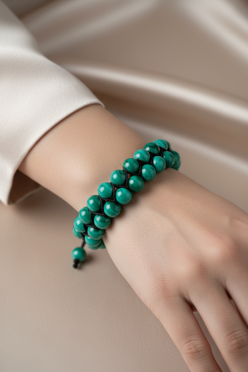 Malakit 8mm Çift Sıra Makrome Doğal Taş Bileklik