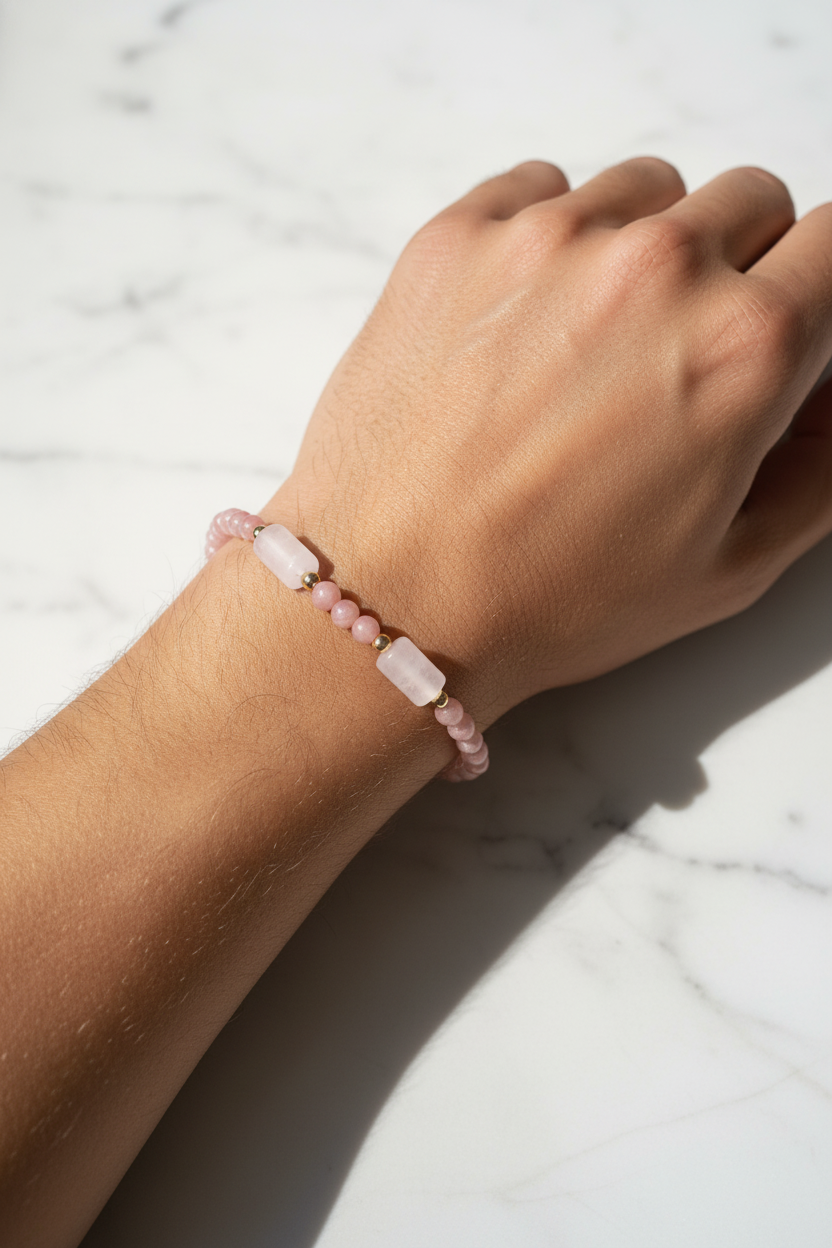 Rodokrosit, Pembe Kuvars ve Hematit Doğal Taş Bileklik – Unisex Şık Tasarım