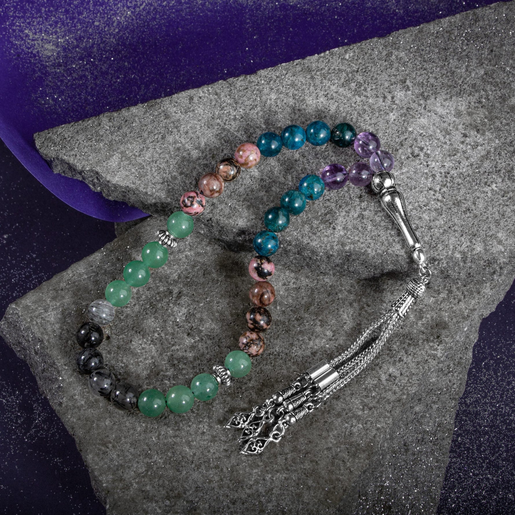 Boğa Burcu Tesbih Ametrin, Mavi Apatit, Rodonit, Rutilli Kuvars, Yeşil Aventurin