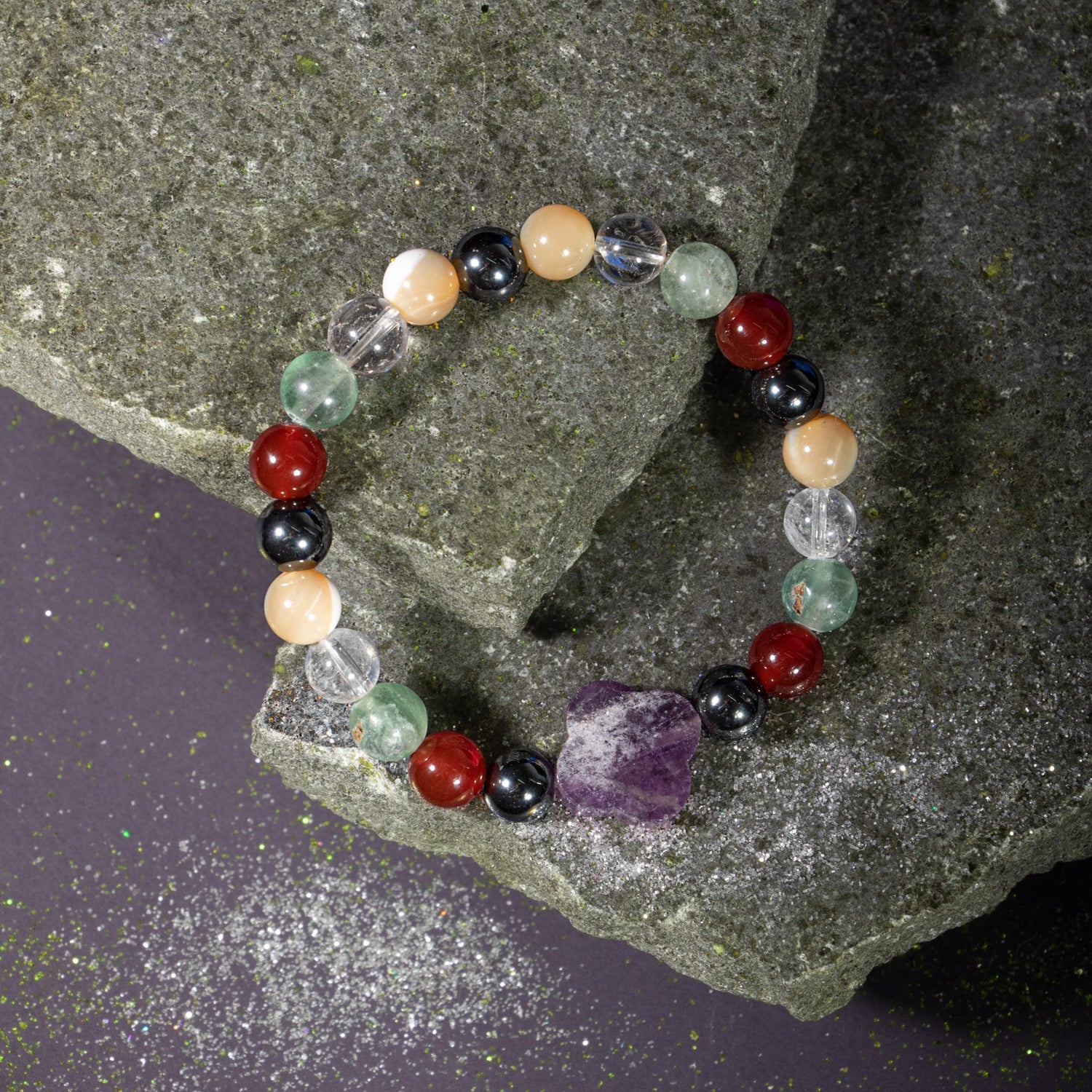 Kova Burcu Bileklik Ametist, Hematit, Kırmızı Akik, Kristal Kuvars, Sedef, Yeşil Florit