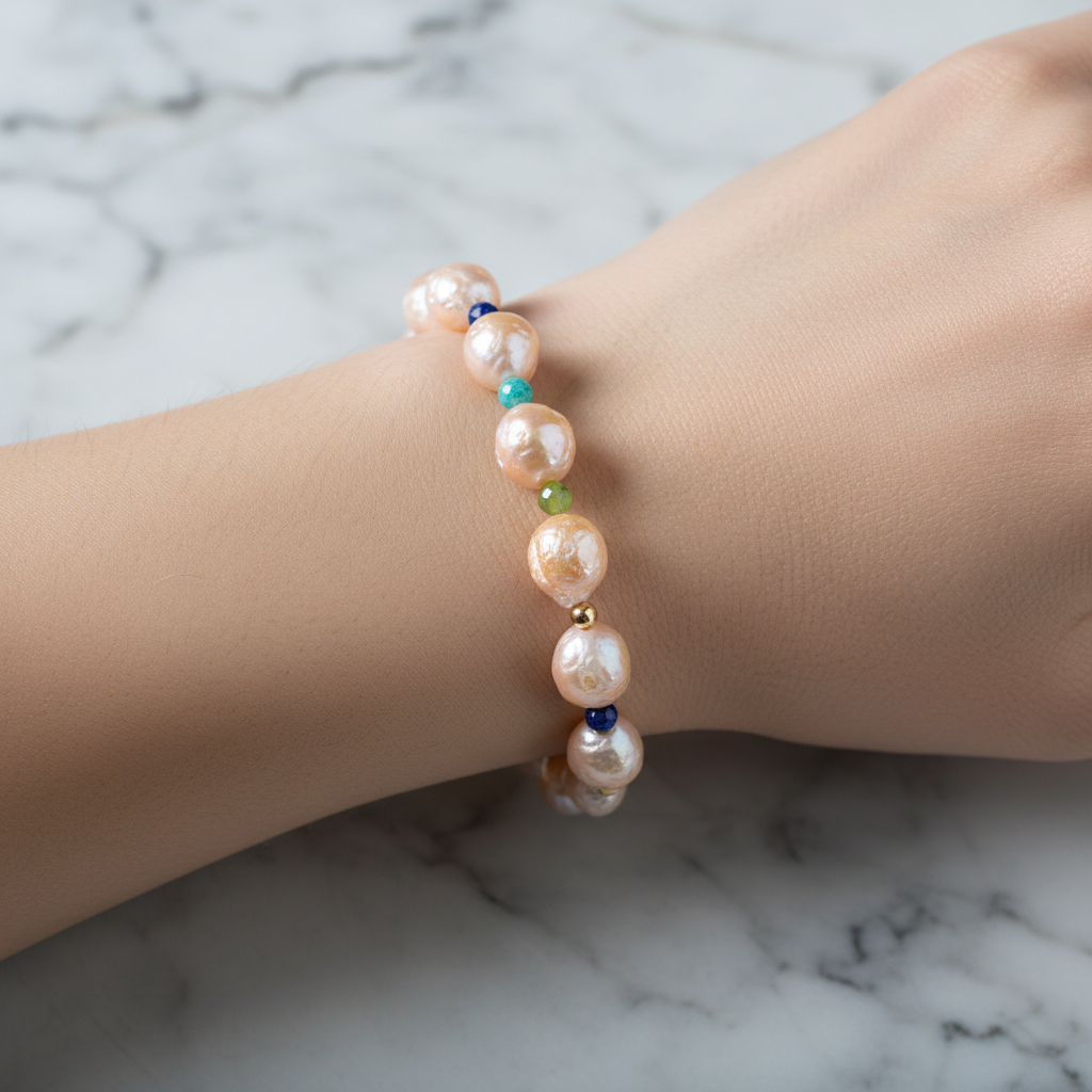 İnci, Lapis Lazuli, Amazonit & Yeşim Doğal Taş 925 Ayar Gümüş Bileklik – Özel Tasarım