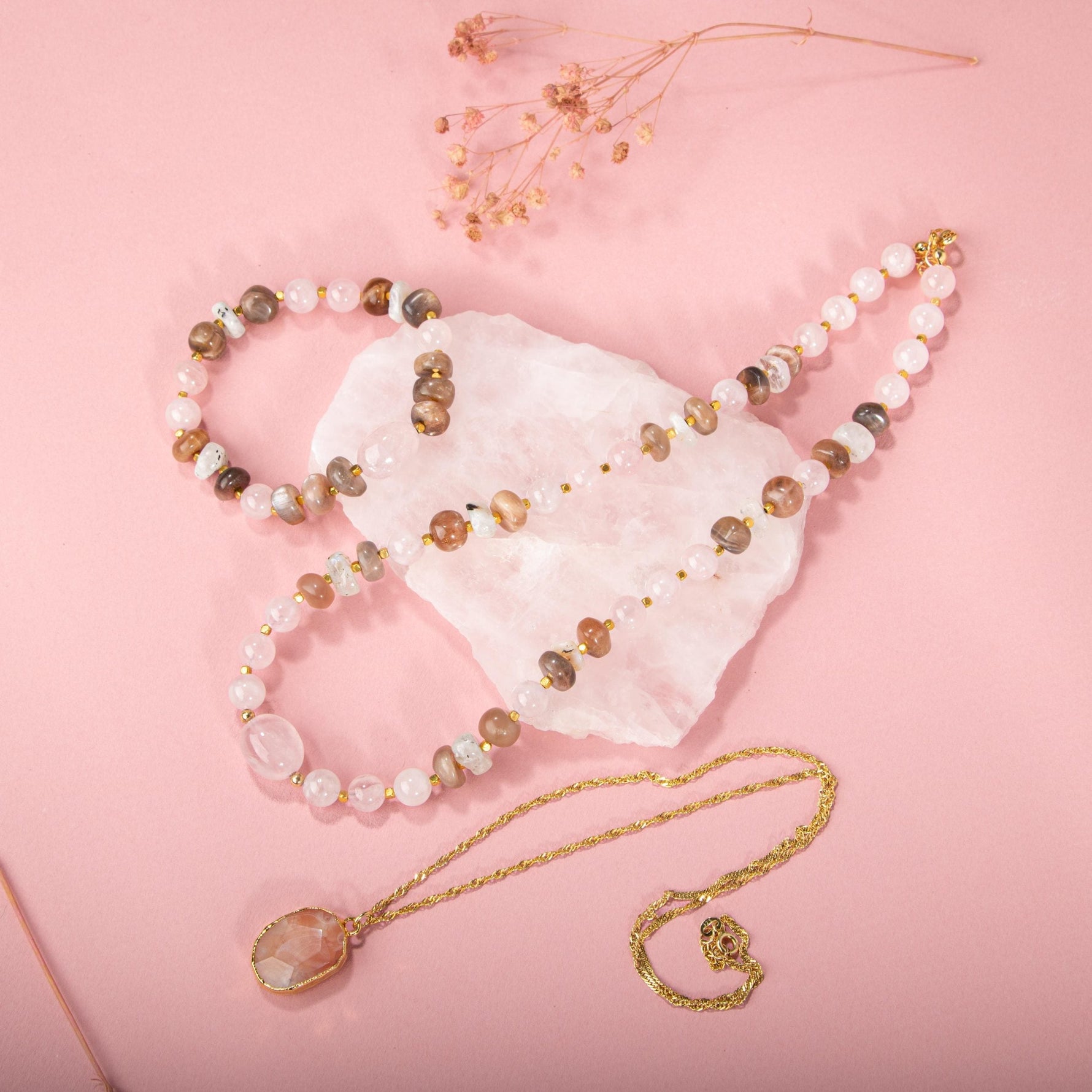 Güneş Taşı-Pembe Kuvars-Ay Taşı Doğal Taş Gümüş Kolye Bileklik Seti- 54cm