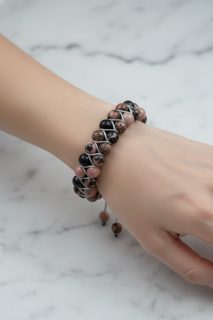 Rodonit 8mm Çift Sıra Makrome Doğal Taş Bileklik