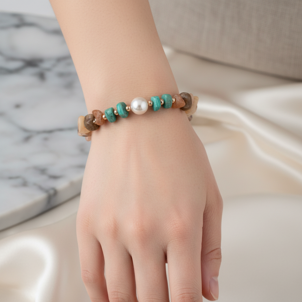 Rodonit, Güneş Taşı, Amazonit & İnci Doğal Taş Bileklik – Özel Tasarım