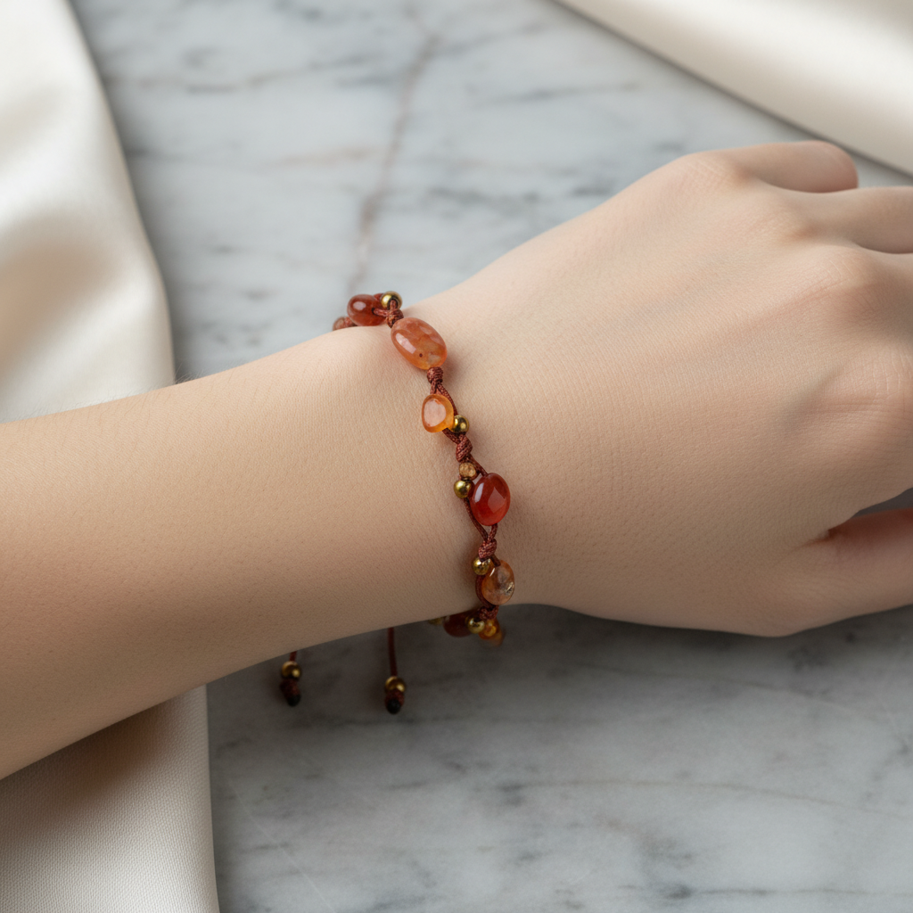 Kırmızı Akik Natürel Kesim Doğal Taş Makrome Bileklik – Unisex El İşçiliği