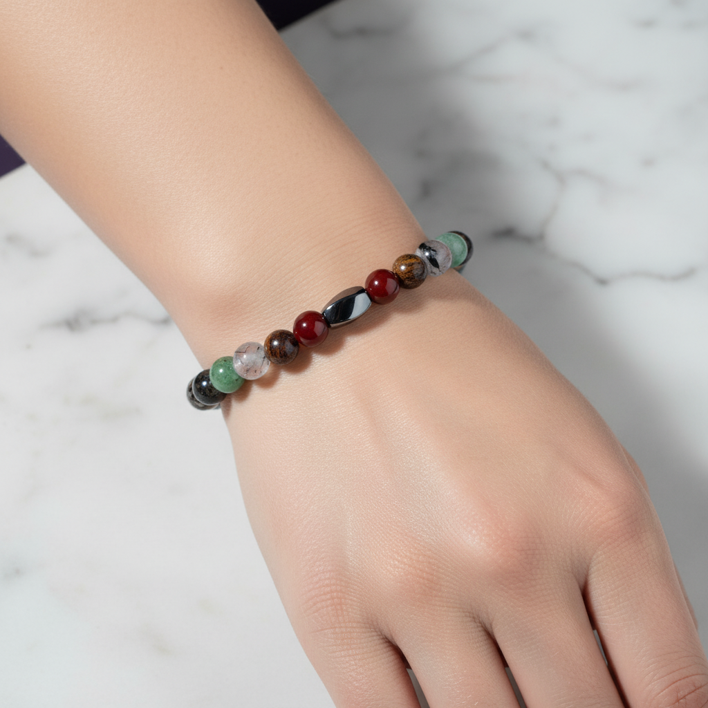 Boğa Burcu Doğal Taş Bileklik – Bronzit, Obsidyen, Güneş Taşı, Kalsit, Kristal Kuvars, Krizokol, Mavi Apatit, Rutilli Kuvars, Aventurin & Yeşim