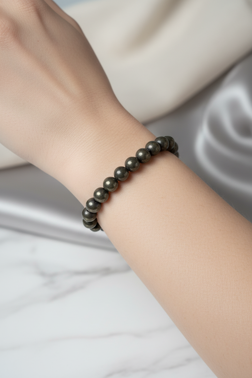 Pirit Doğal Taş Bileklik – 8 mm Misinalı, Unisex Tasarım