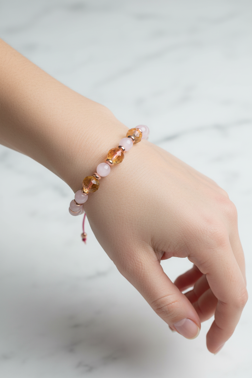 Pembe Kuvars ve Sitrin Fasetli Doğal Taş Bileklik – Unisex Şık Tasarım
