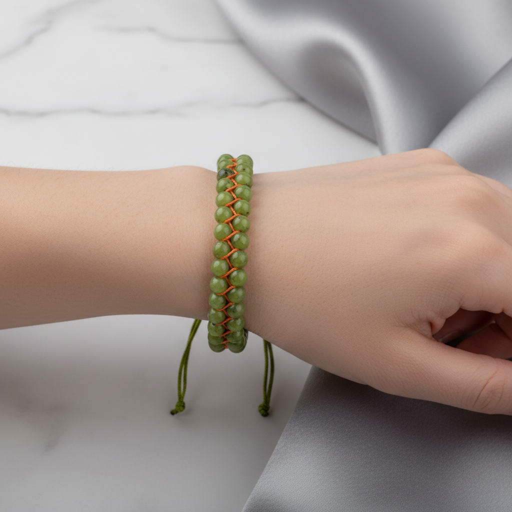 Yeşim 4 mm Çift Sıra Doğal Taş Makrome Bileklik – Unisex El İşçiliği