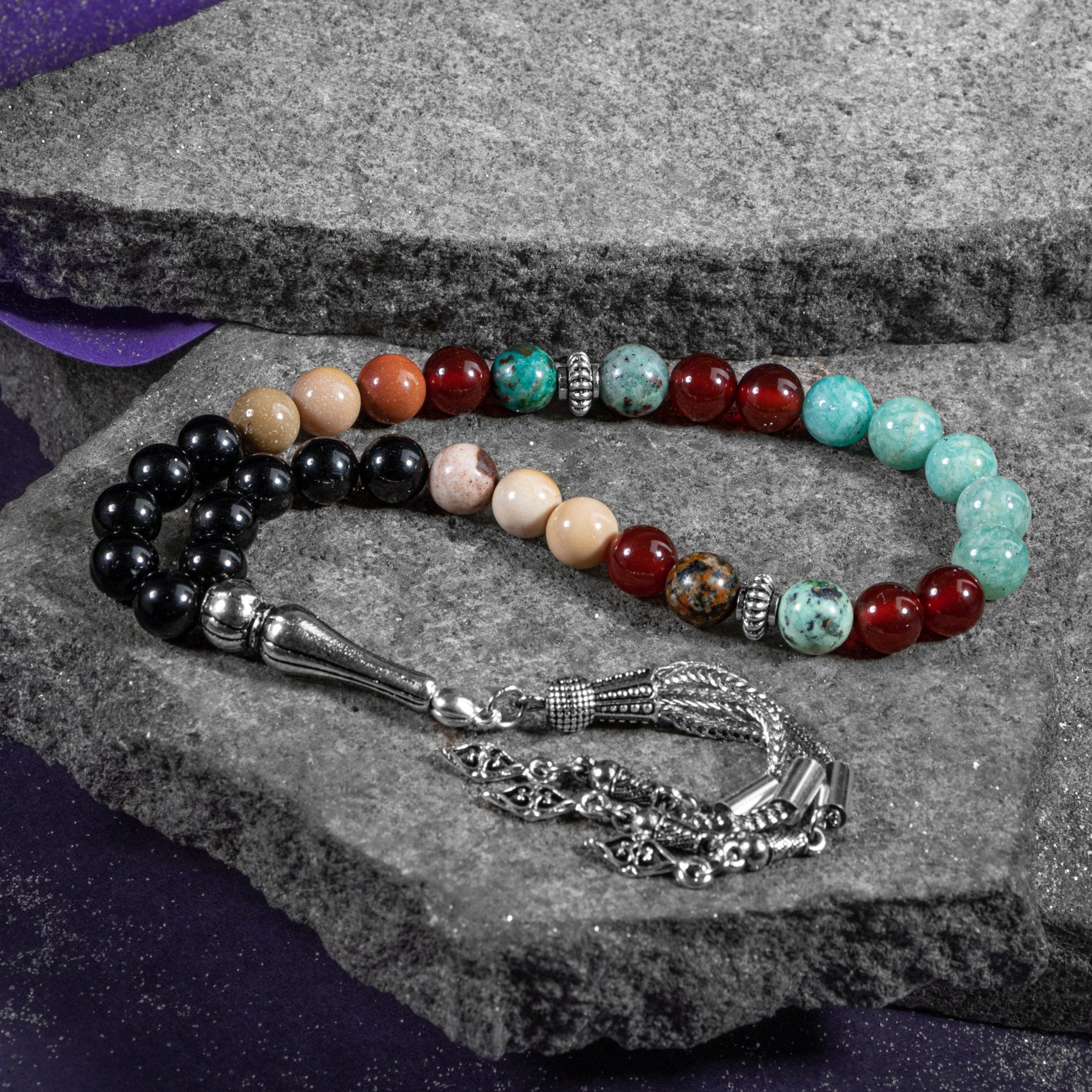 Başak Burcu Tesbih Amazonit, Jasper, Kırmızı Akik, Krizokol, Siyah Turmalin