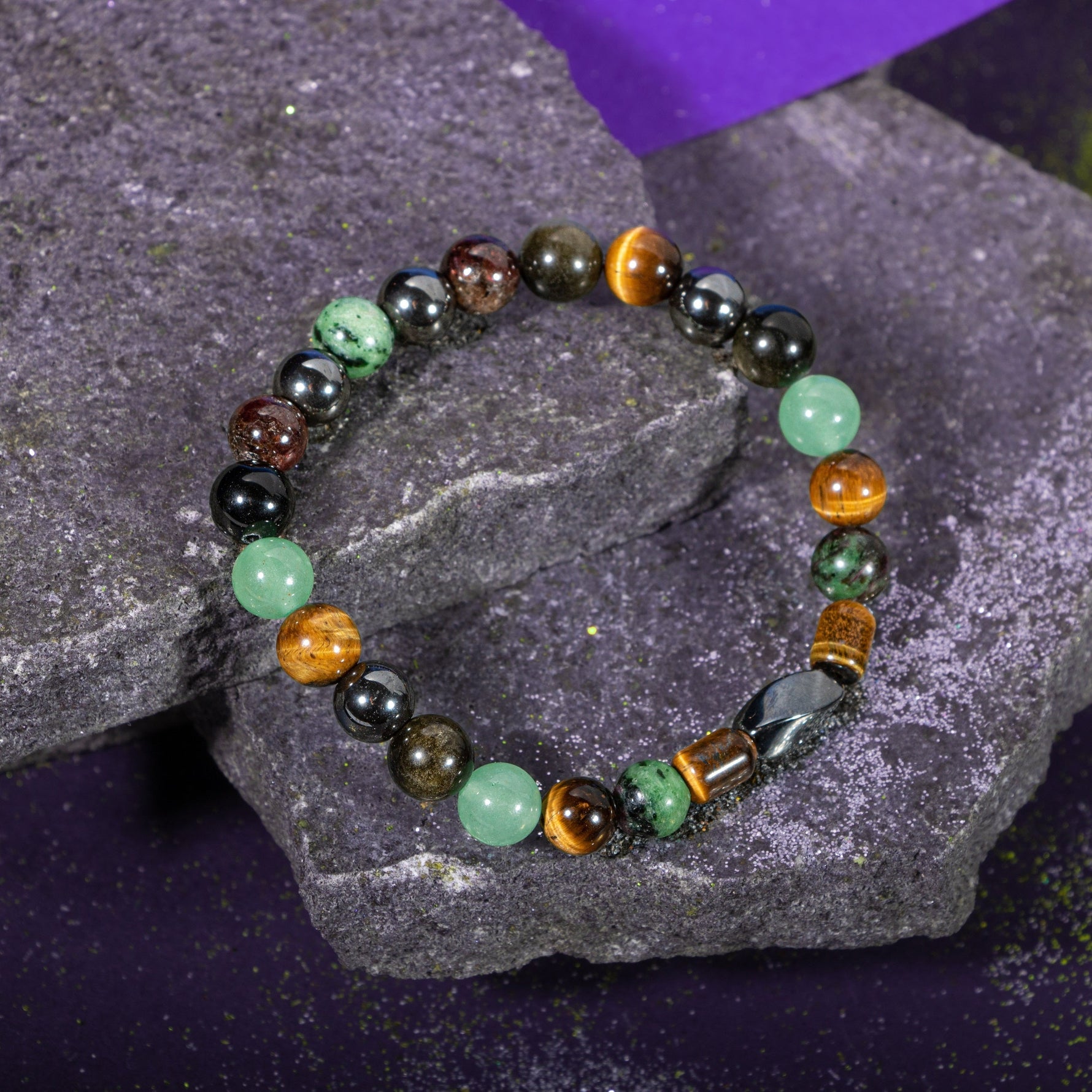 Yengeç Burcu Bileklik Anyolit, Golden Obsidyen, Kaplan Gözü, Yeşil Aventurin