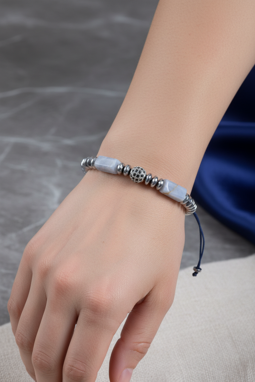 Kalsedon ve Hematit Doğal Taş Bileklik – Unisex Şık Tasarım