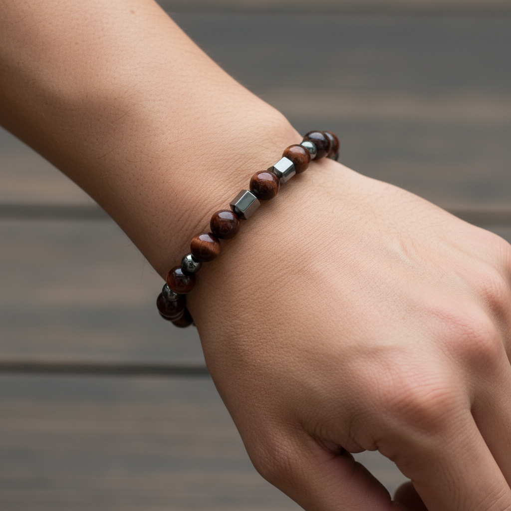 Kaplan Gözü & Hematit Doğal Taş Erkek Bileklik – Özel Tasarım