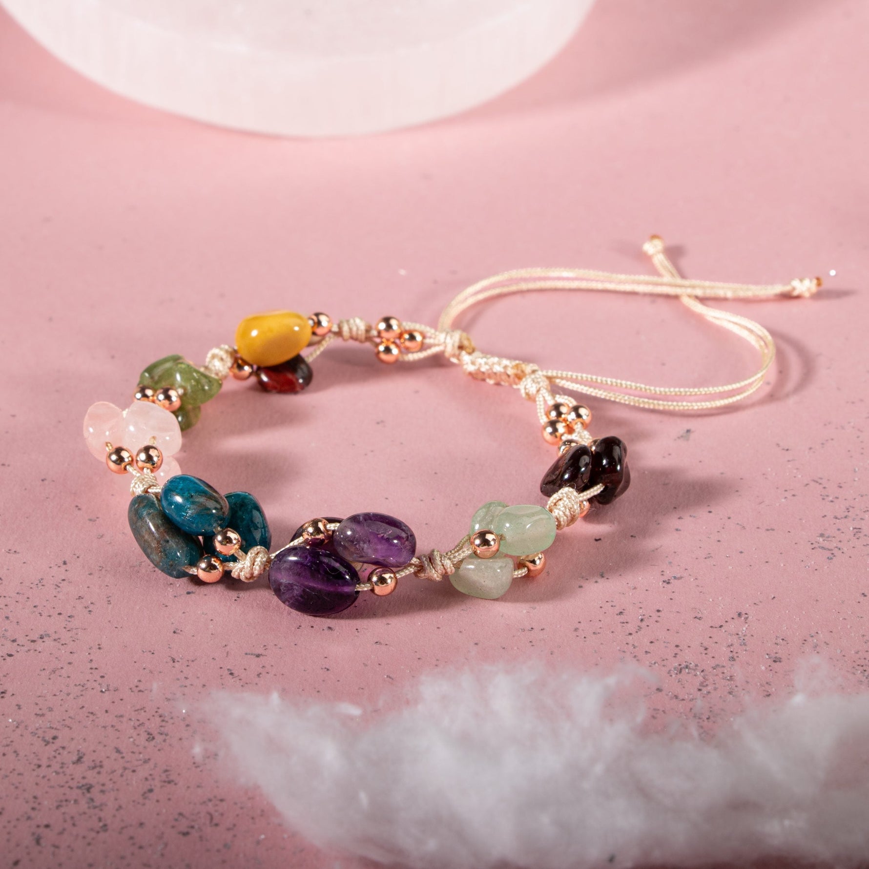 Başak Burcu Bileklik Ametist, Bordo Granat Lal, Jasper, Mavi Apatit, Pembe Kuvars, Yeşil Aventurin, Zebercet (Peridot)