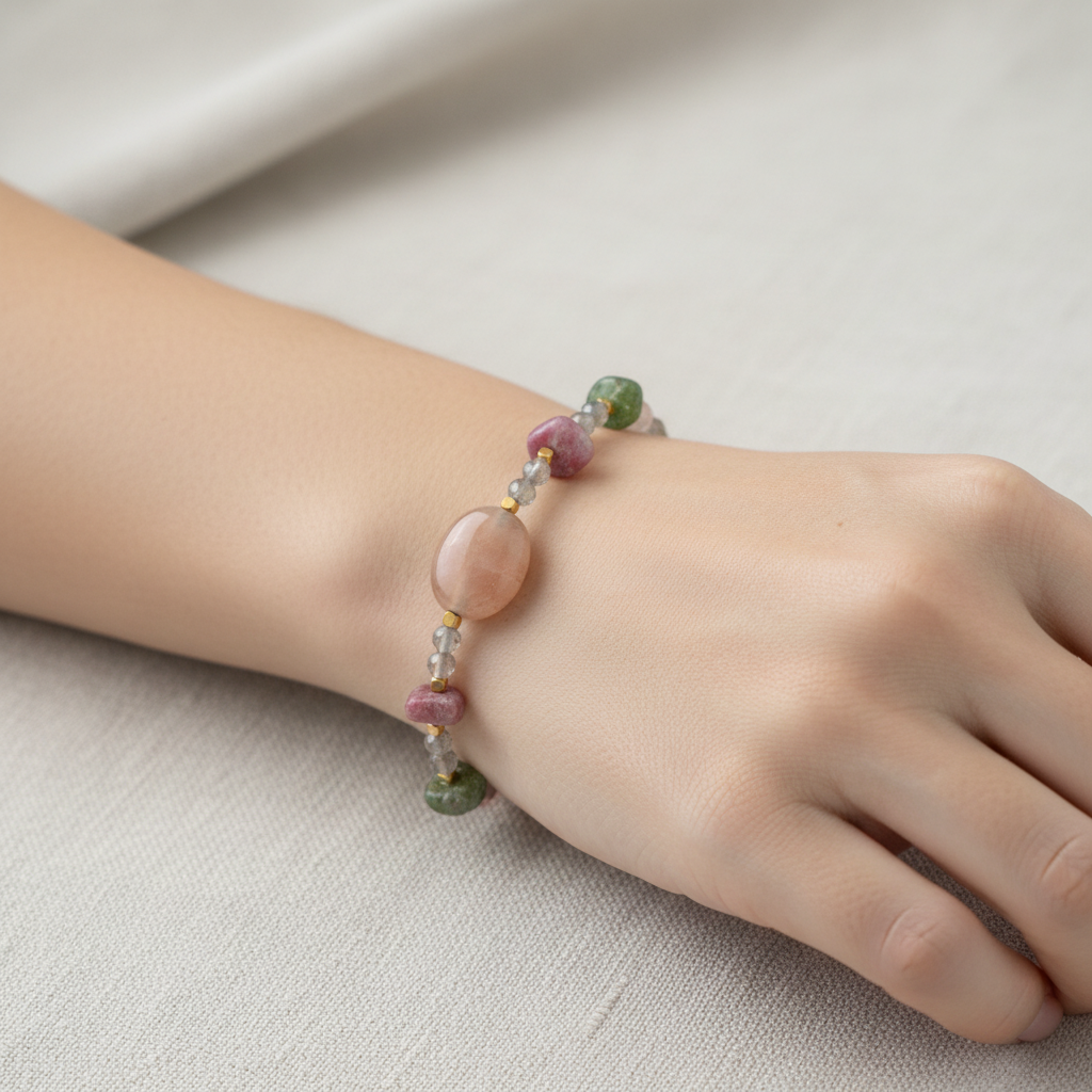 Labradorit, Renkli Turmalin, Güneş Taşı & Pembe Opal Doğal Taş Bileklik – Özel Tasarım