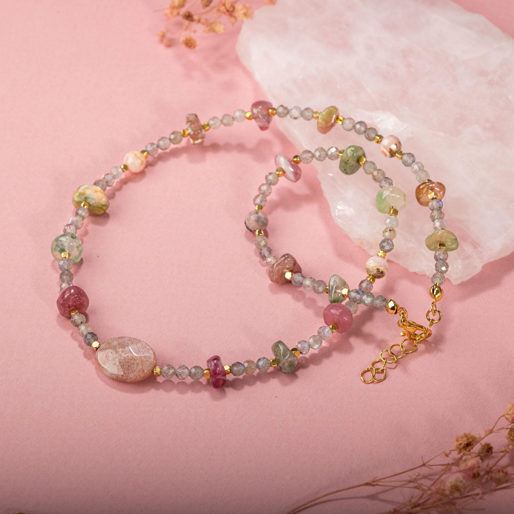 Labradorit-Renkli Turmalin-Güneş Taşı-Pembe Opal Doğal Taş Kolye