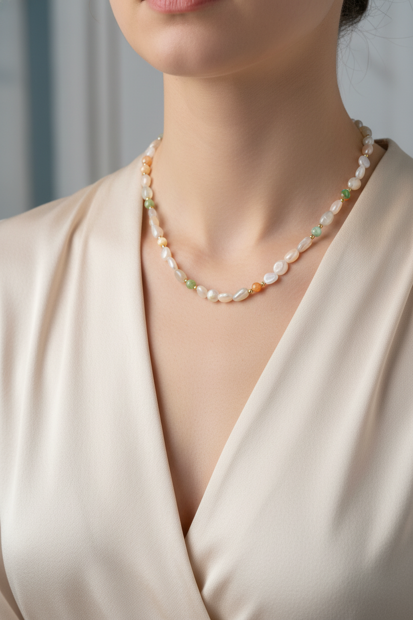 Ay Taşı, Turuncu Aventurin, Yeşim, Aragonit & Amazonit Doğal Taş Kolye – Özel Tasarım