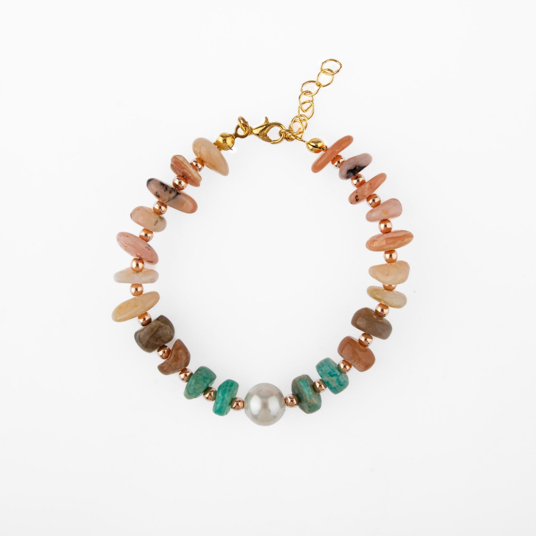 Rodonit-Güneş Taşı-Amozanit-İnci Doğal Taş Bileklik