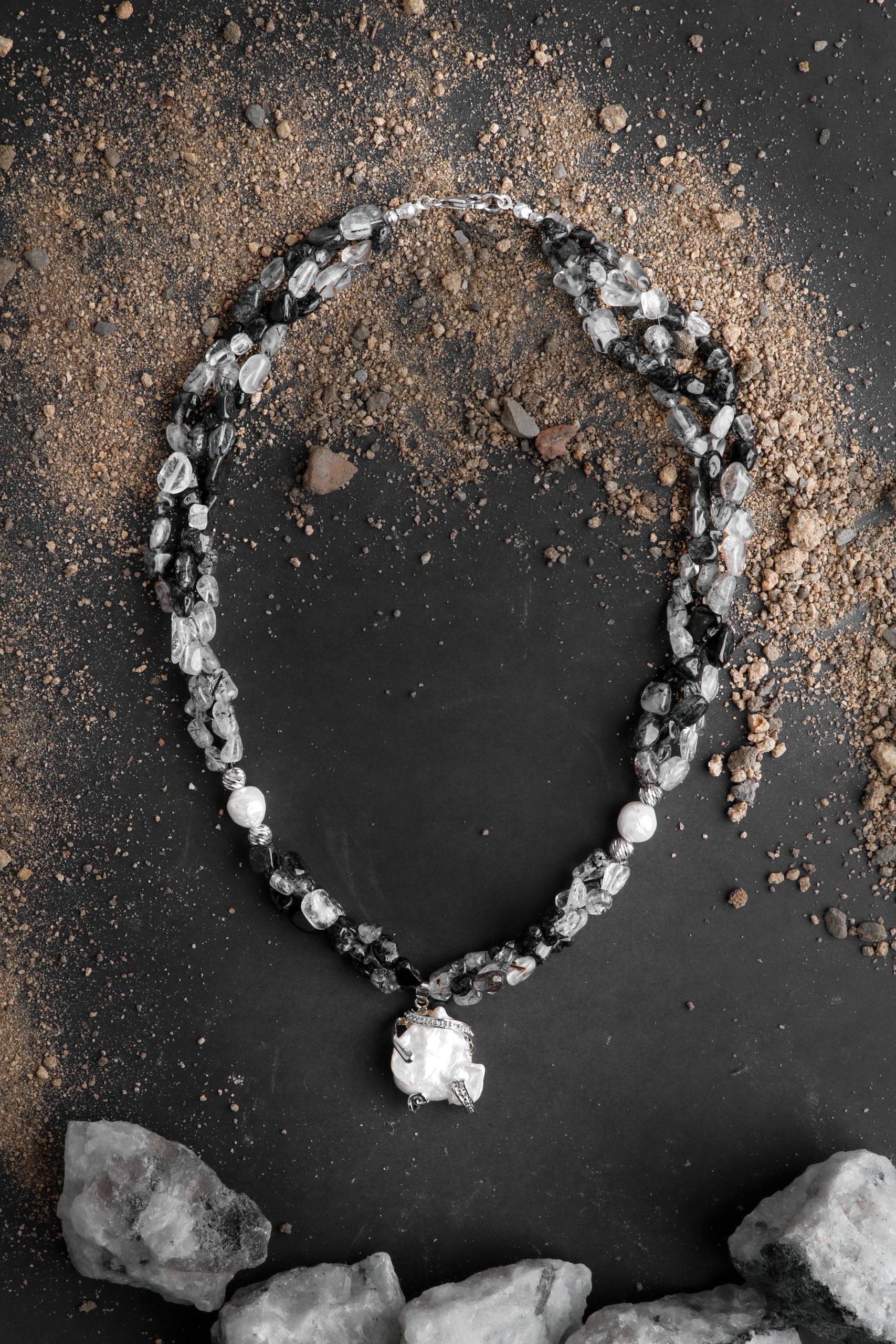 Siyah Asalet, Rutilli Kuvars İnci Doğal Taş Kolye