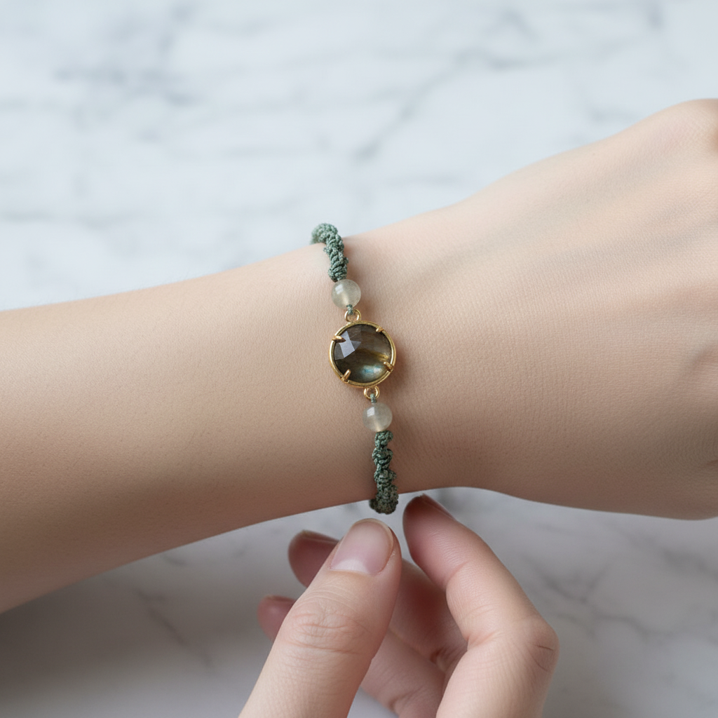 Labradorit – Prehnit Doğal Taş Makrome Bileklik – Özel Tasarım
