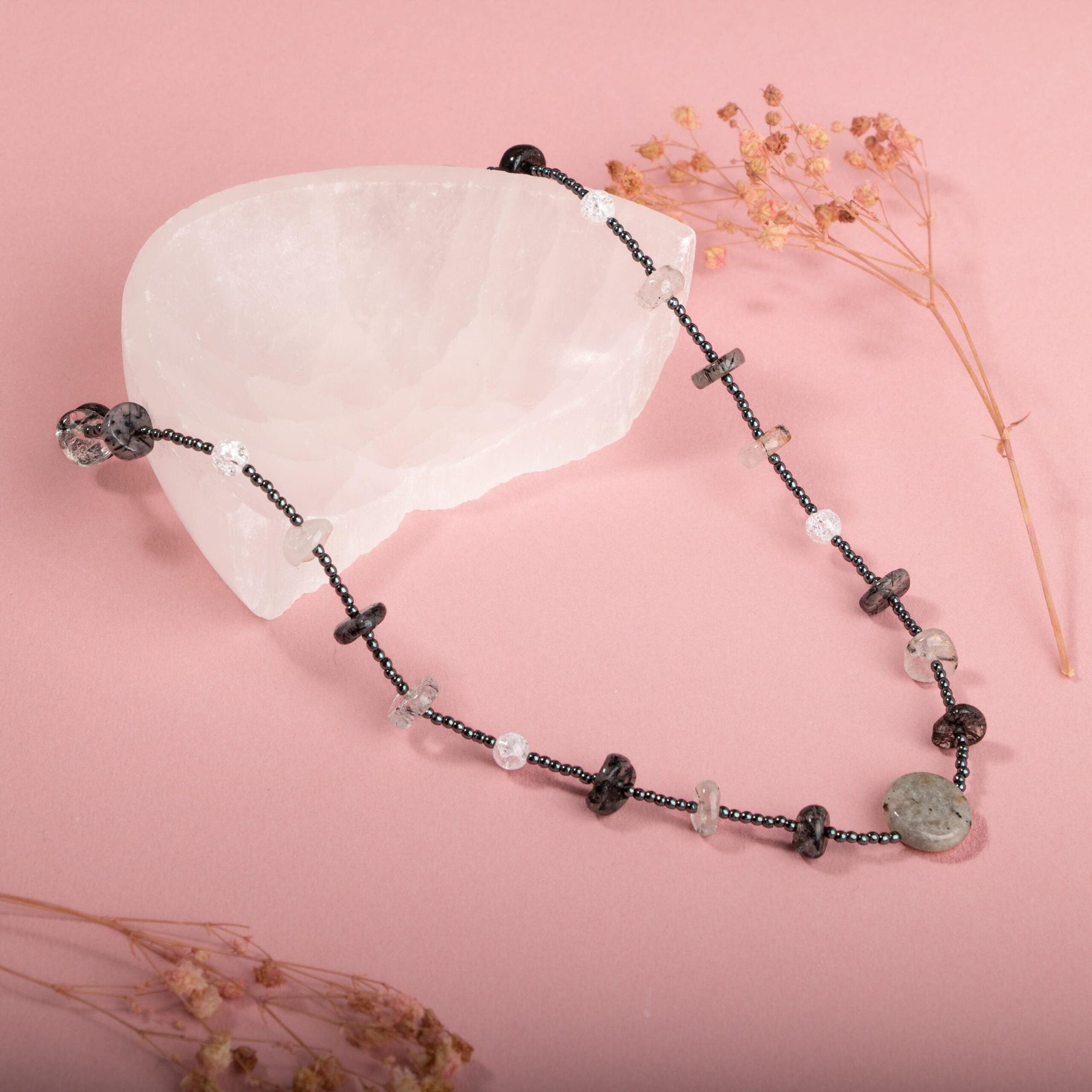 Labradorit-Necef-Rutilli Kuvars-Hematit Doğal Taş Kolye