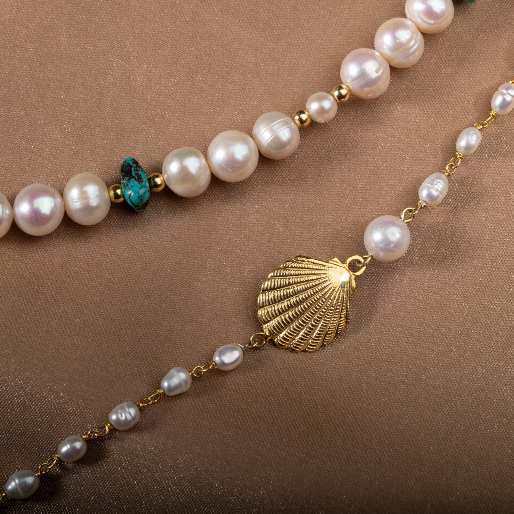 İnci-Turkuaz Doğal Taş Gümüş Midye Kolye