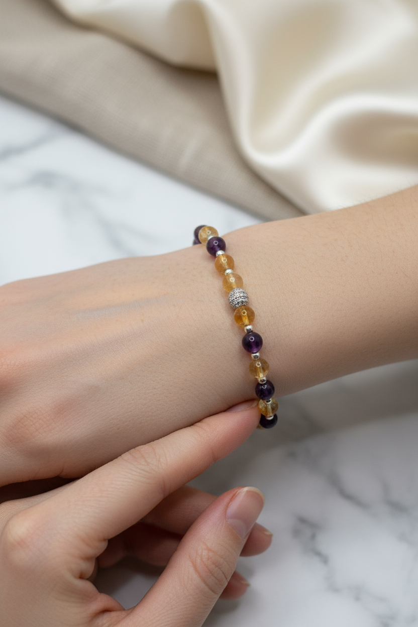 Ametist, Sitrin ve Gri Hematit Doğal Taş Bileklik – 6 mm Zirkon Aparatlı Misinalı, Unisex Tasarım