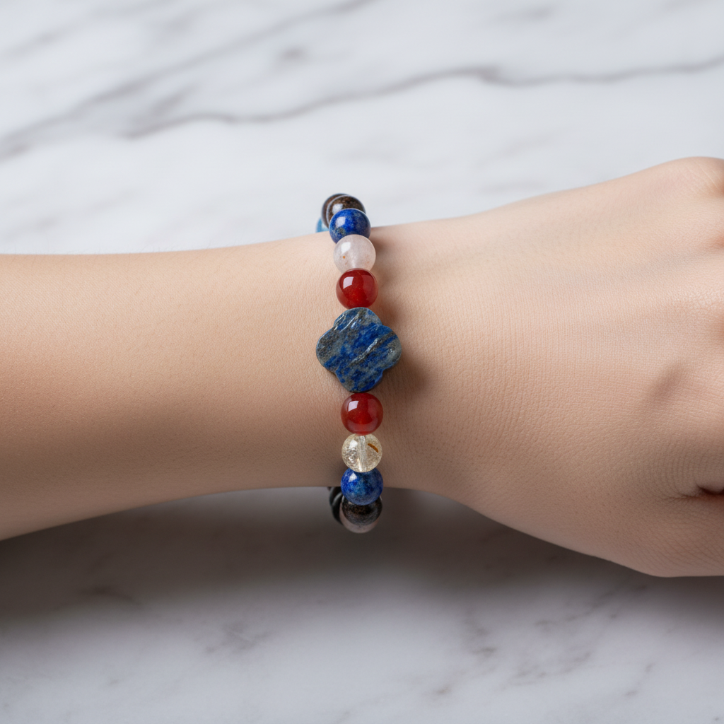 Aslan Burcu Doğal Taş Bileklik – Bordo Granat (Lal), Bronzit, Güneş Taşı, Kırmızı Akik, Lapis Lazuli ve Sitrin