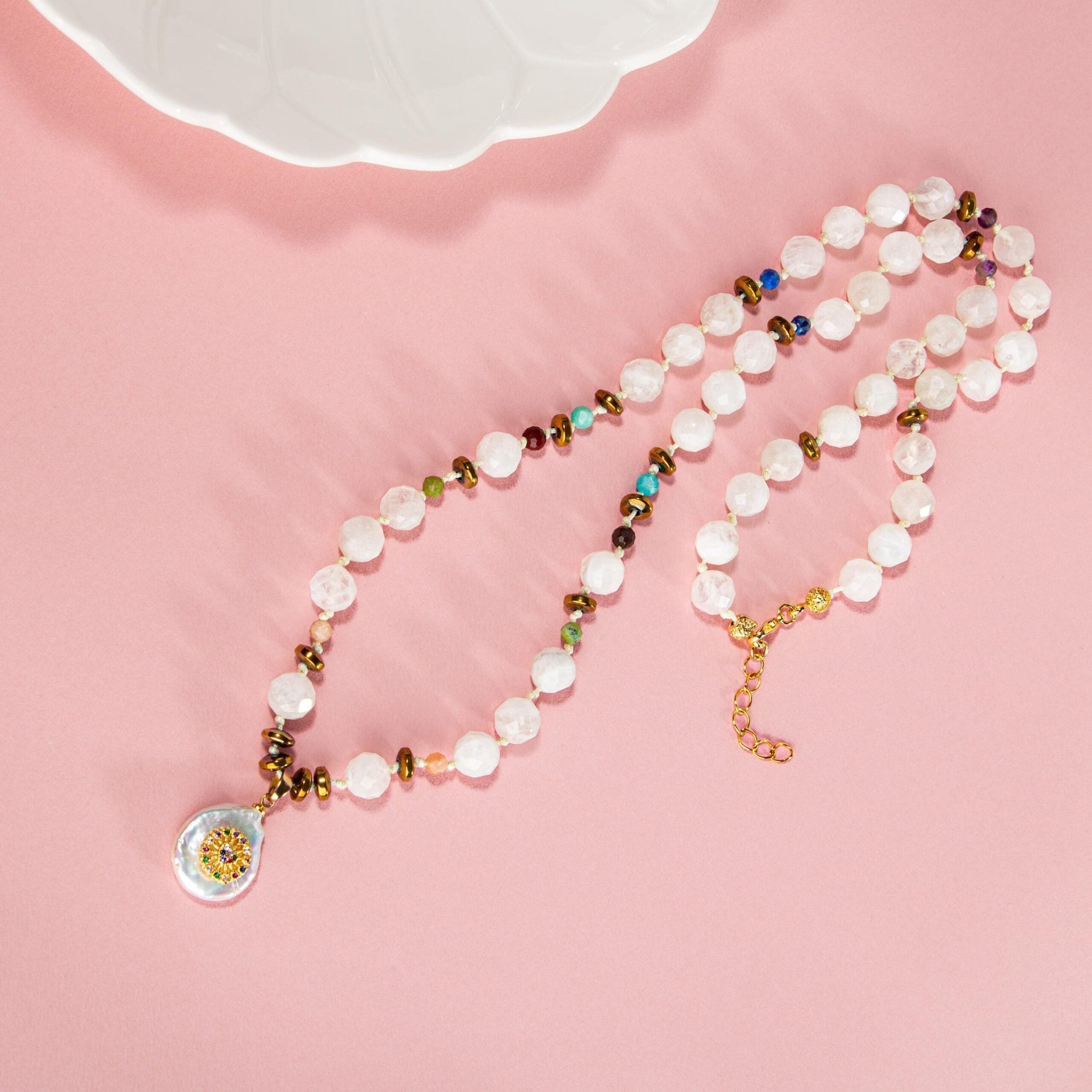 Ay Taşı-Ametist-Lapis-Amazonit-Yeşim-Jasper-Güneş Taşı İnci Model Doğal Taş Kolye