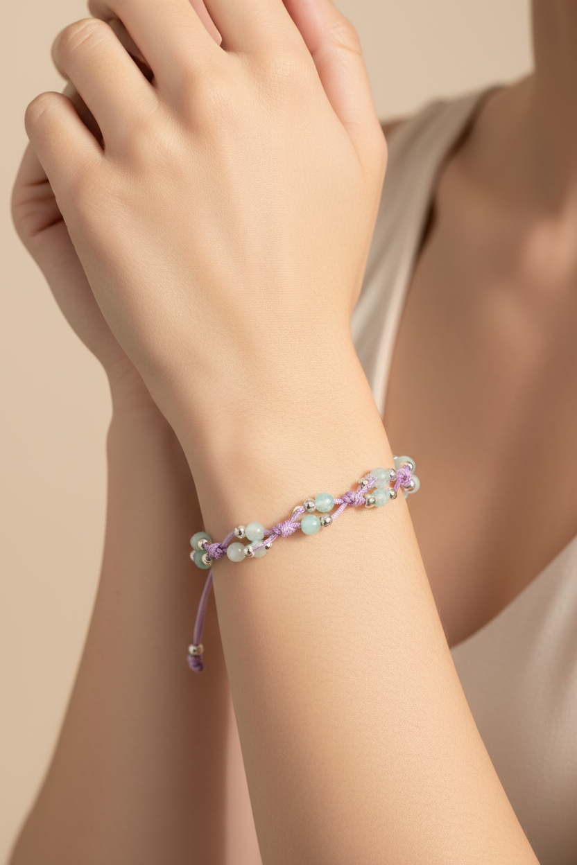 Sertifikalı Amazonit Doğal Taş Üçlü Makrome Bileklik – 4 mm | Pirtash | Özel Üretim