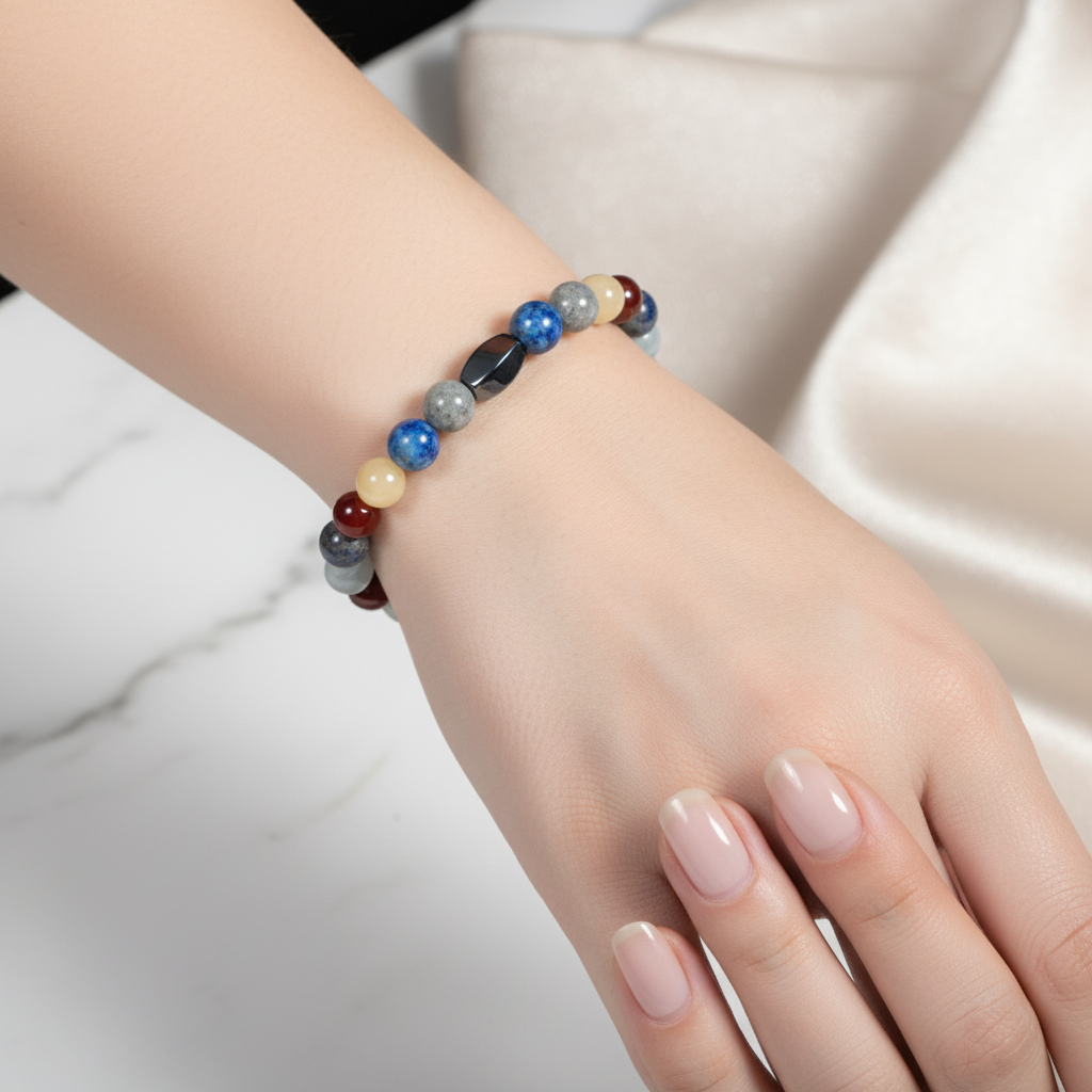Yay Burcu Doğal Taş Bileklik – Akuamarin, Ametist, Kalsit, Kırmızı Akik, Labradorit & Lapis Lazuli