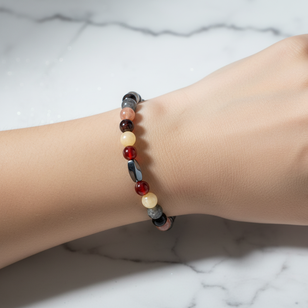 Aslan Burcu Doğal Taş Bileklik – Granat Lal, Bronzit, Obsidyen, Güneş Taşı, Jasper, Kalsit, Akik, Labradorit, Rutilli Kuvars & Sitrin