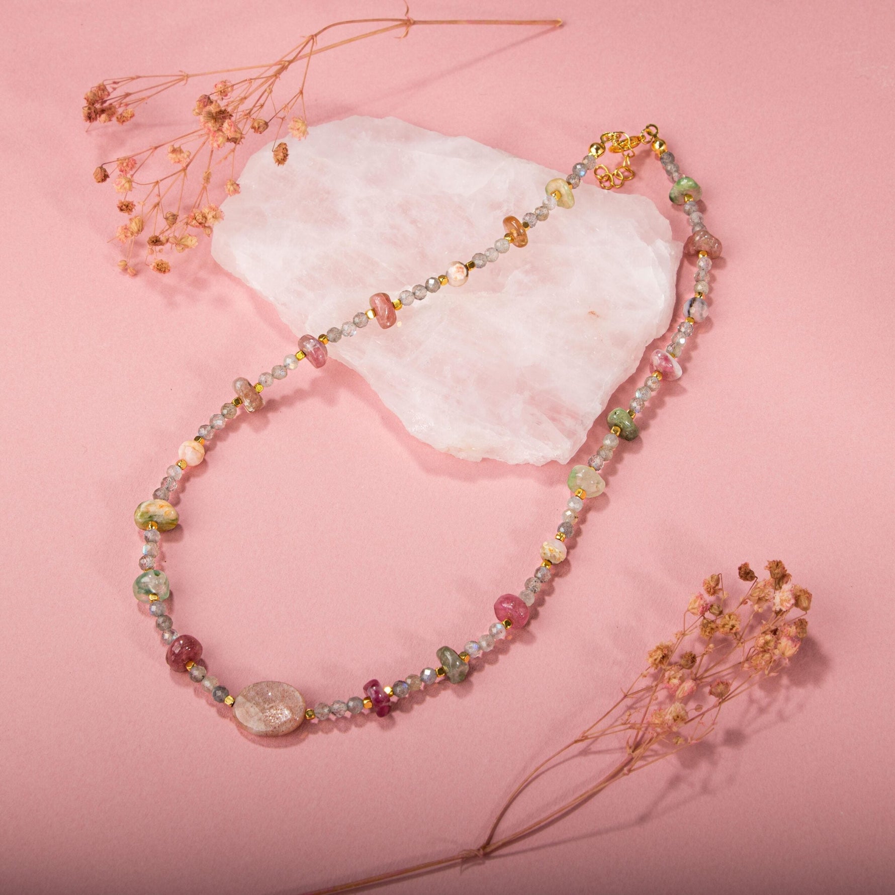 Labradorit-Renkli Turmalin-Güneş Taşı-Pembe Opal Doğal Taş Kolye