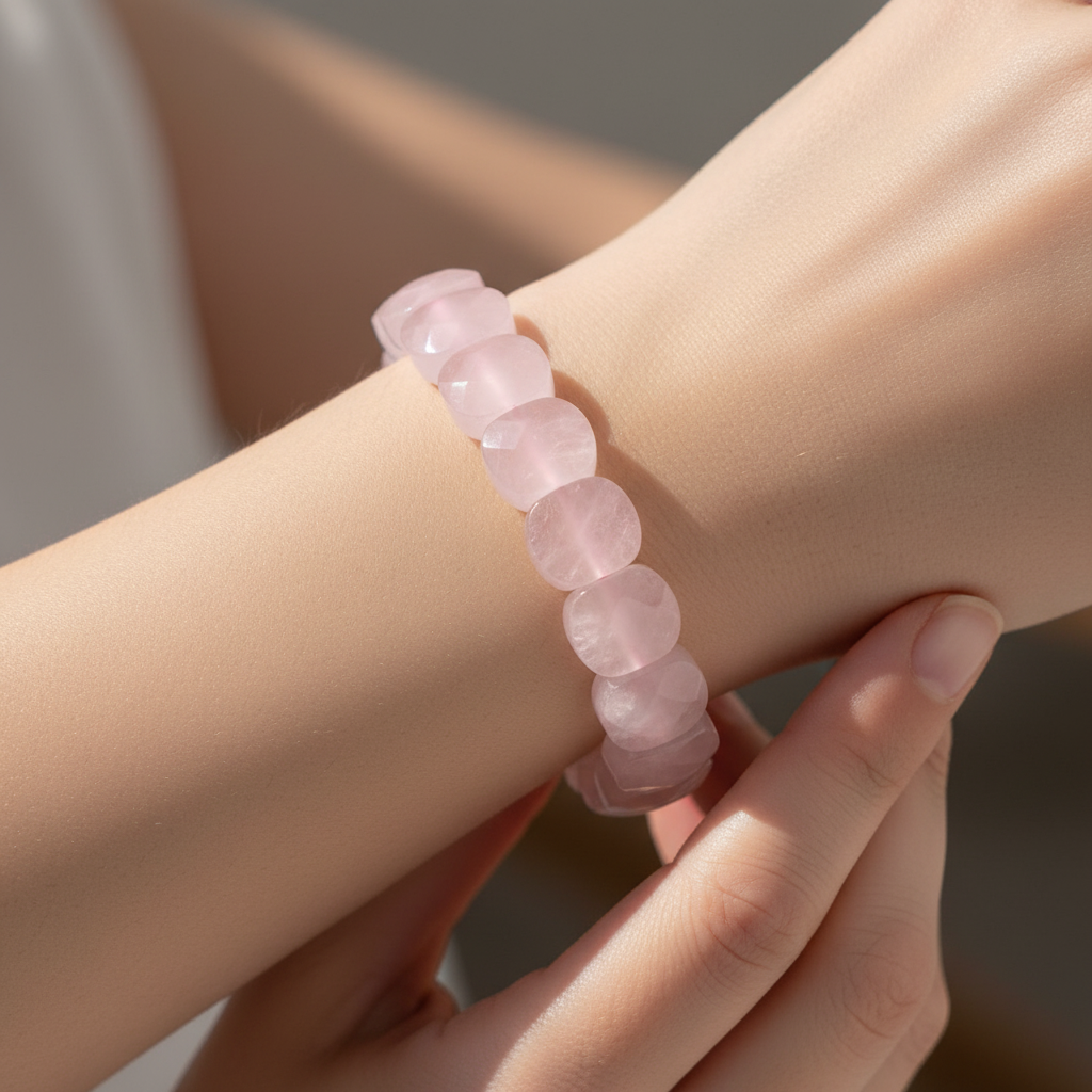 Pembe Kuvars Geniş Kesim Doğal Taş Bileklik