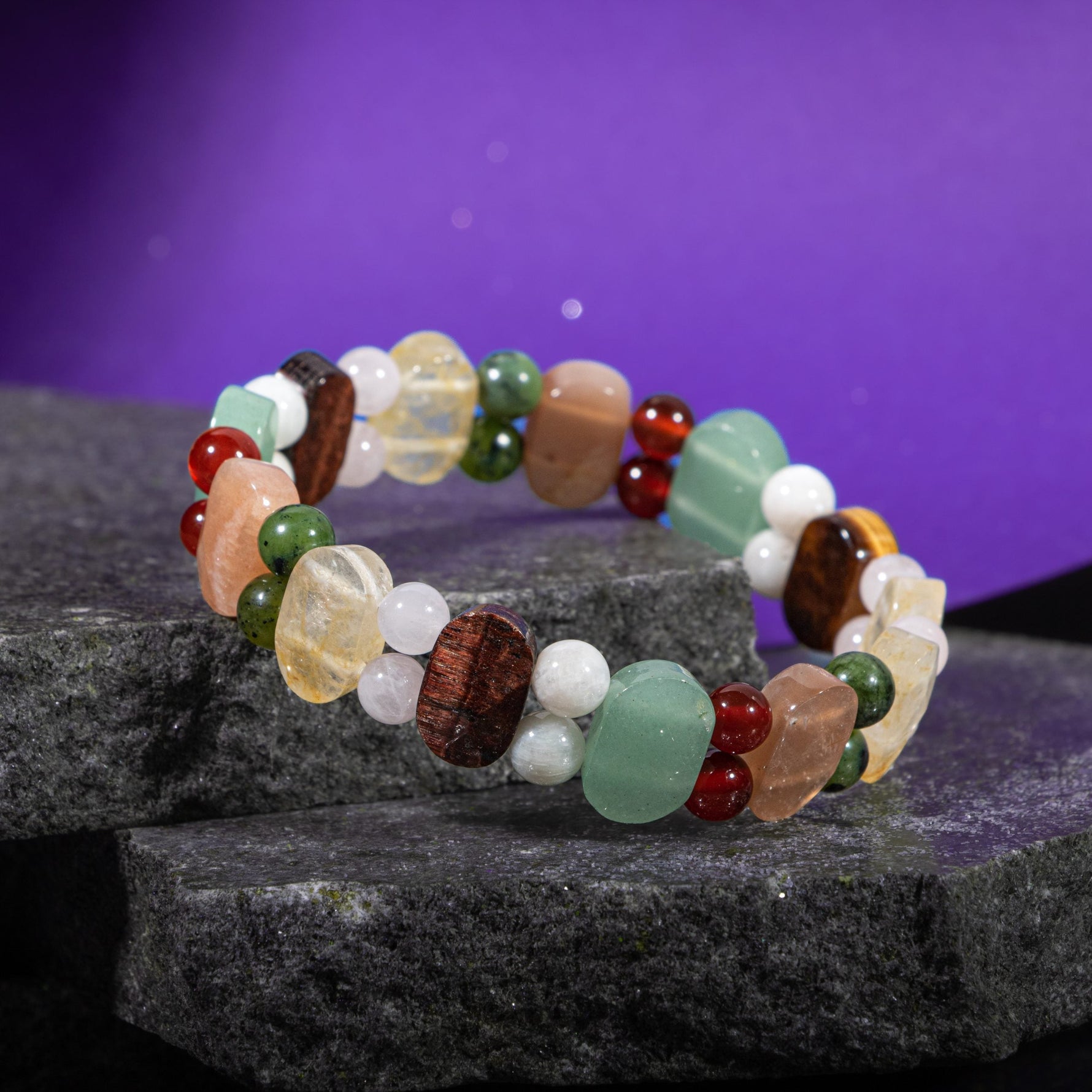 İkizler Burcu Bileklik Ay Taşı, Güneş Taşı, Kaplan Gözü, Pembe Kuvars, Sitrin, Yeşil Aventurin, Yeşim