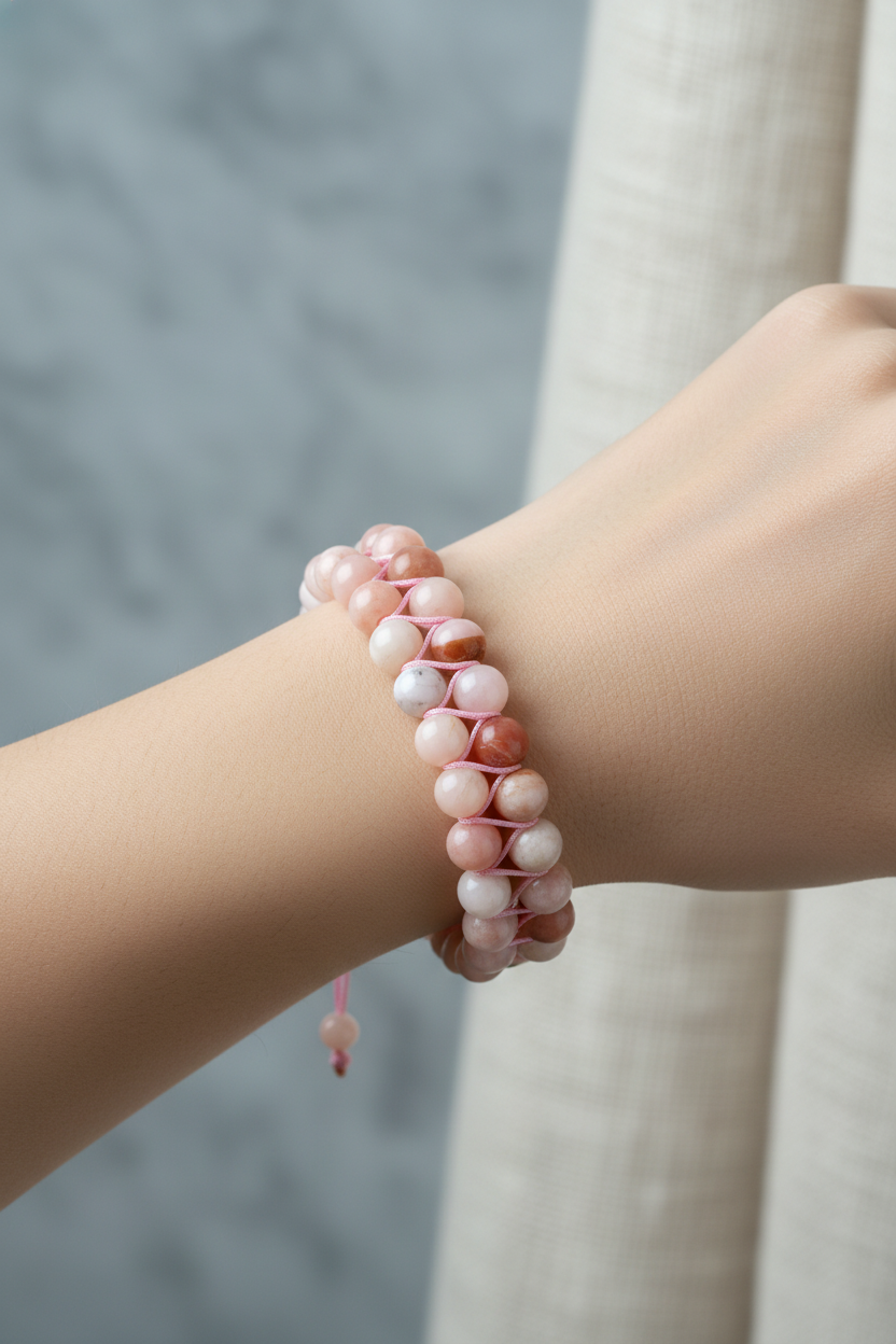 Opal Pembe 8mm Çift Sıra Makrome Doğal Taş Bileklik