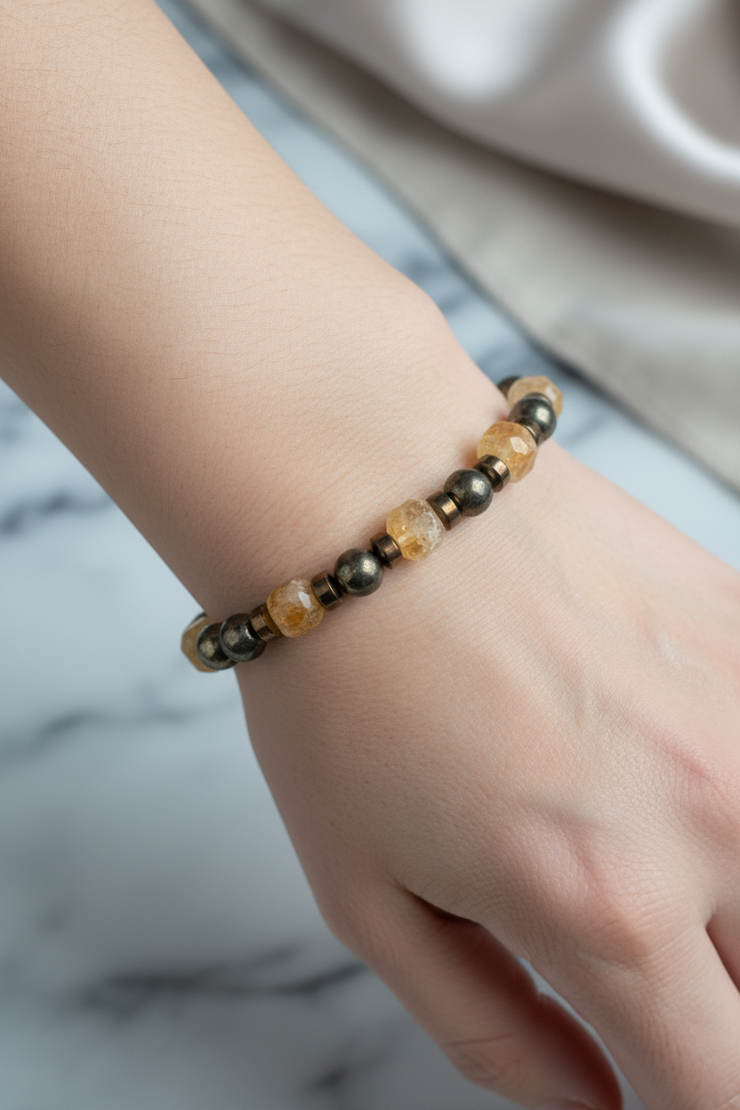 Pirit, Sitrin ve Hematit Doğal Taş Bileklik – 8 mm Misinalı, Unisex Tasarım