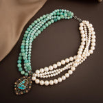 İnci-Amazonit Doğal Taş El İşlemesi Koleksiyon Turkuaz Kolye - 45cm