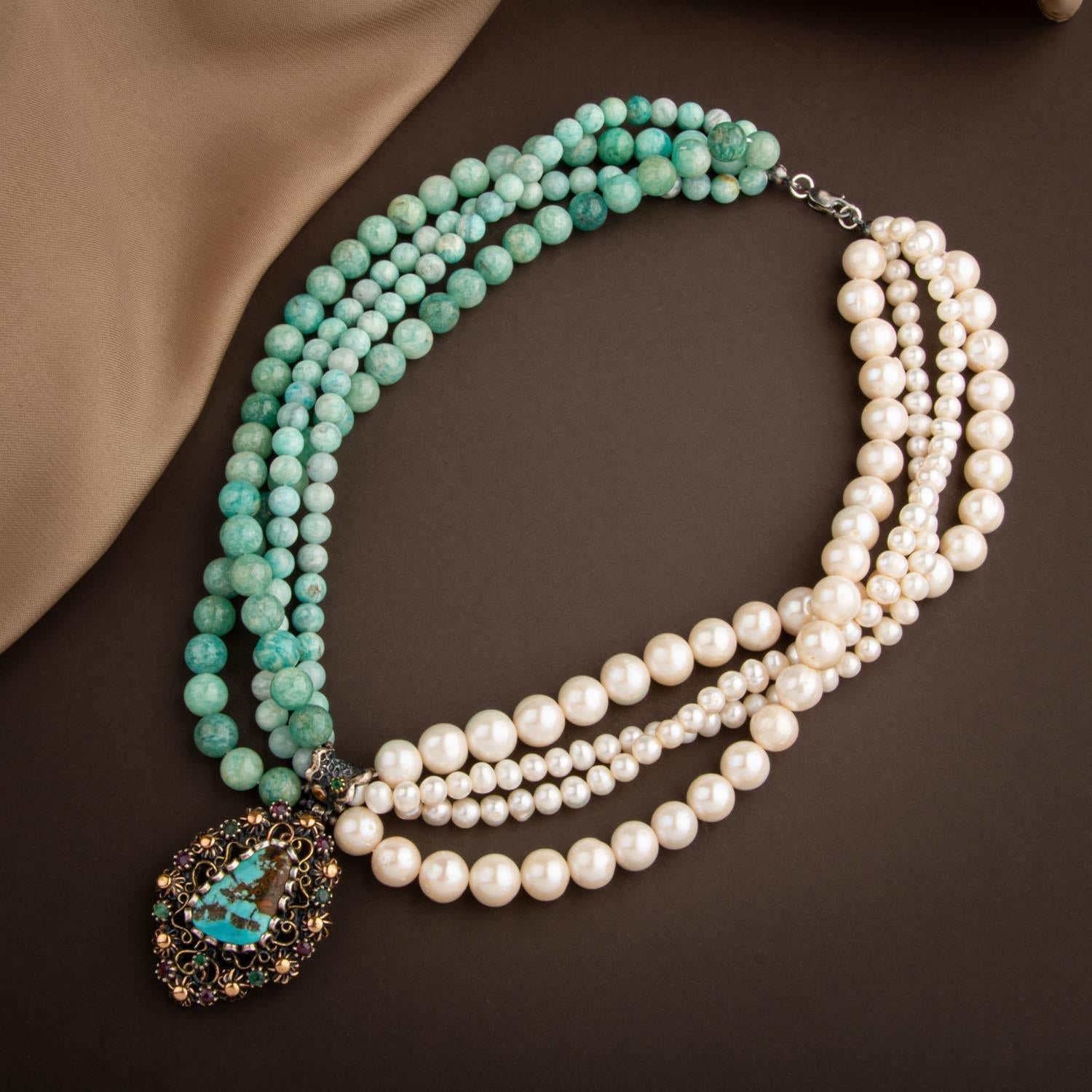 İnci-Amazonit Doğal Taş El İşlemesi Koleksiyon Turkuaz Kolye - 45cm