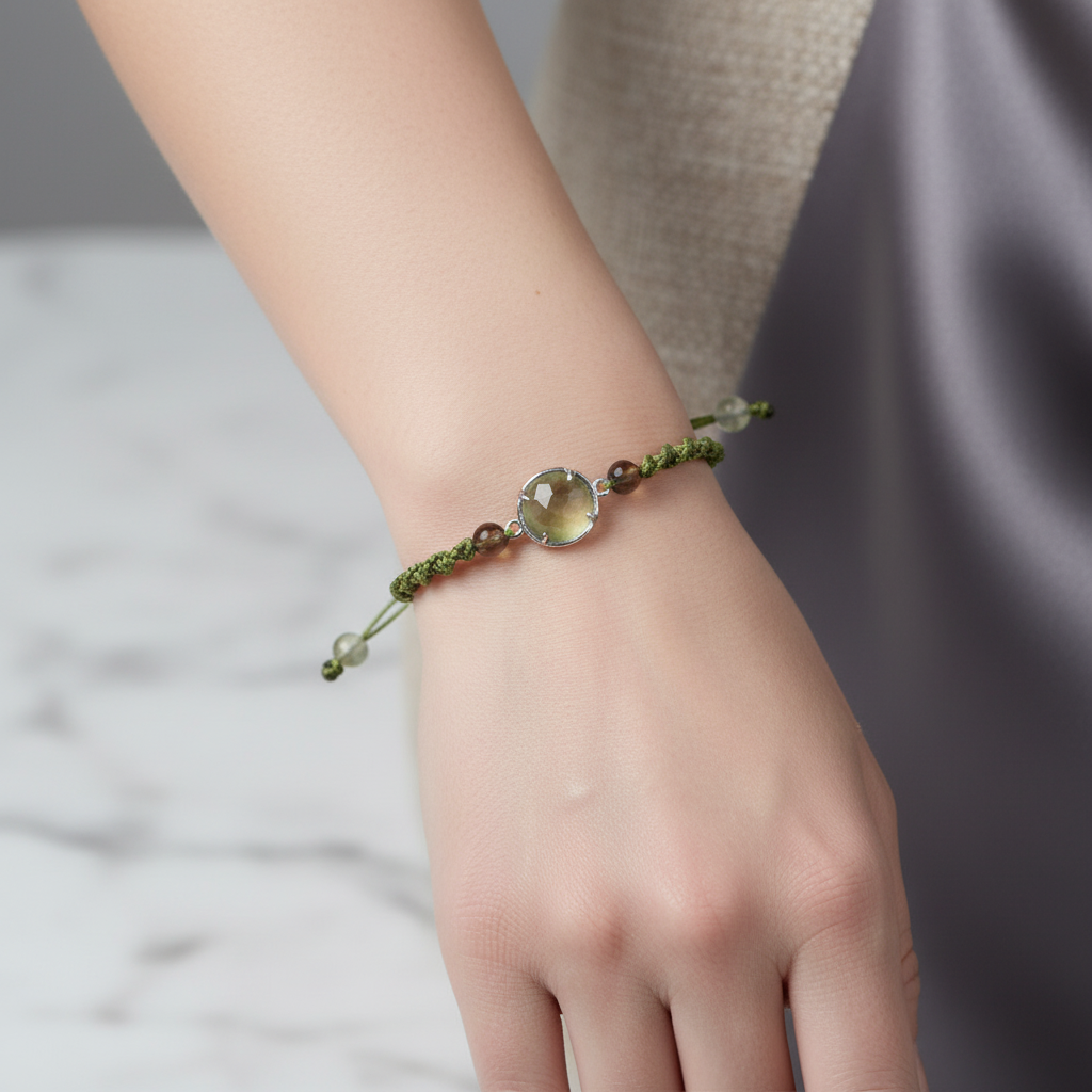 Prehnit – Dumanlı Kuvars Doğal Taş Makrome Bileklik – Özel Tasarım