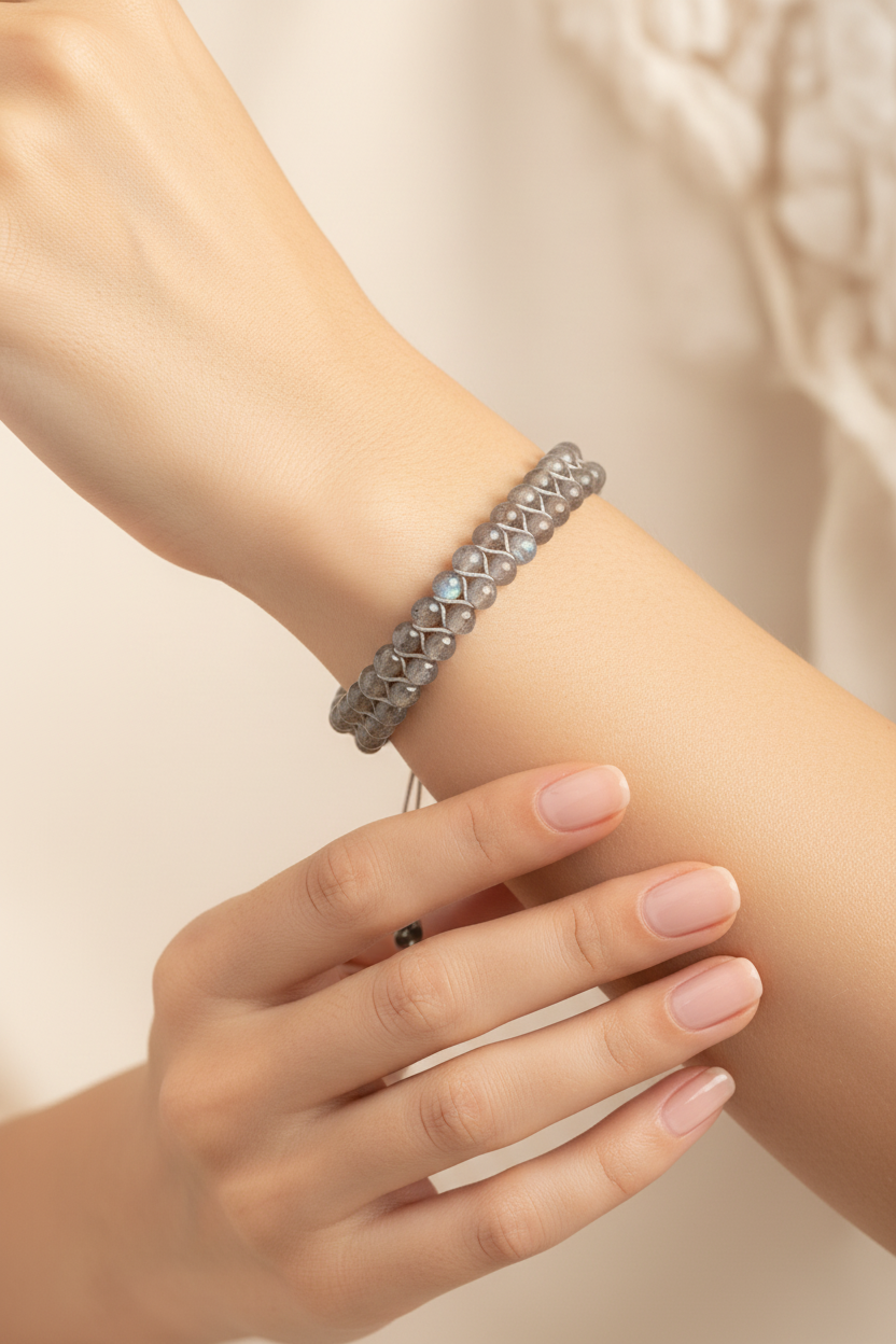 Sertifikalı Labradorit Doğal Taş Çift Sıra Makrome Bileklik – 4 mm | Pirtash | Özel Üretim