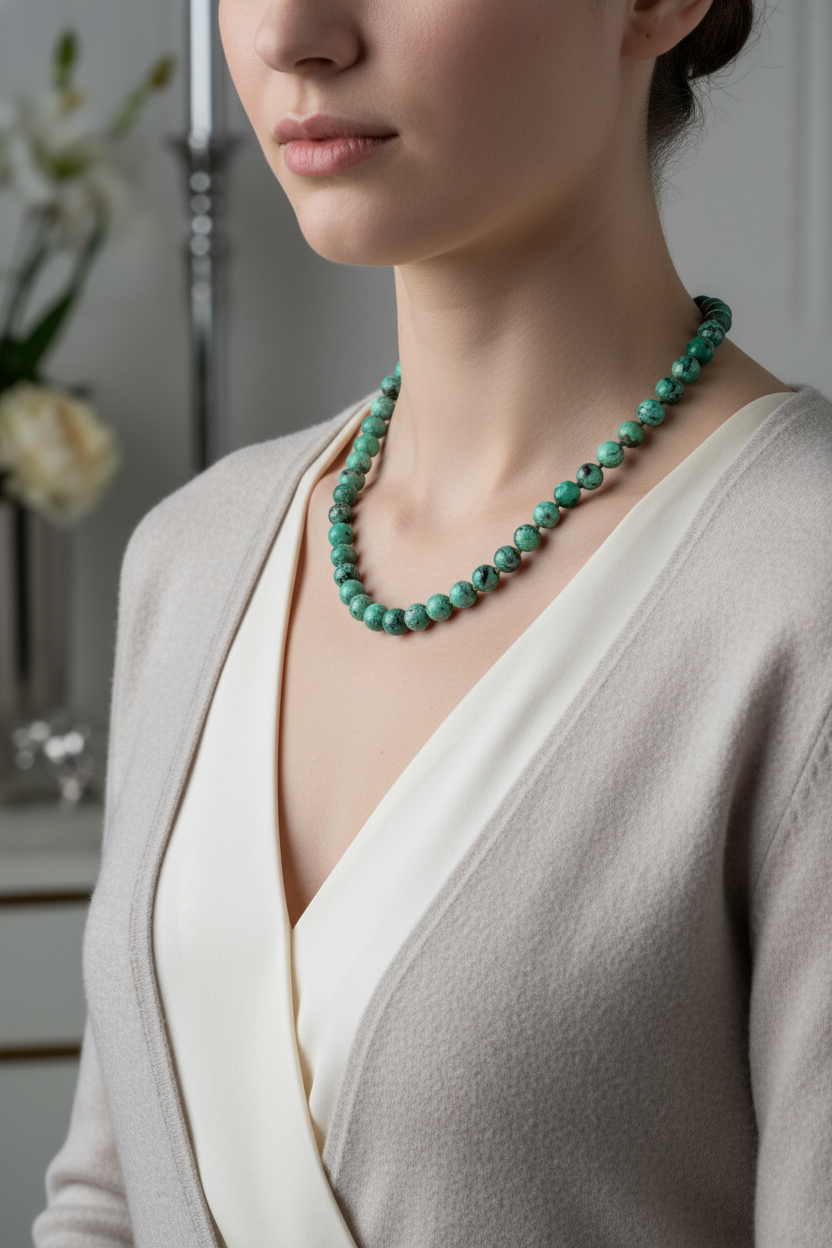 Krizokol Doğal Taş Kolye – 8 mm Düğümlü, Unisex Tasarım