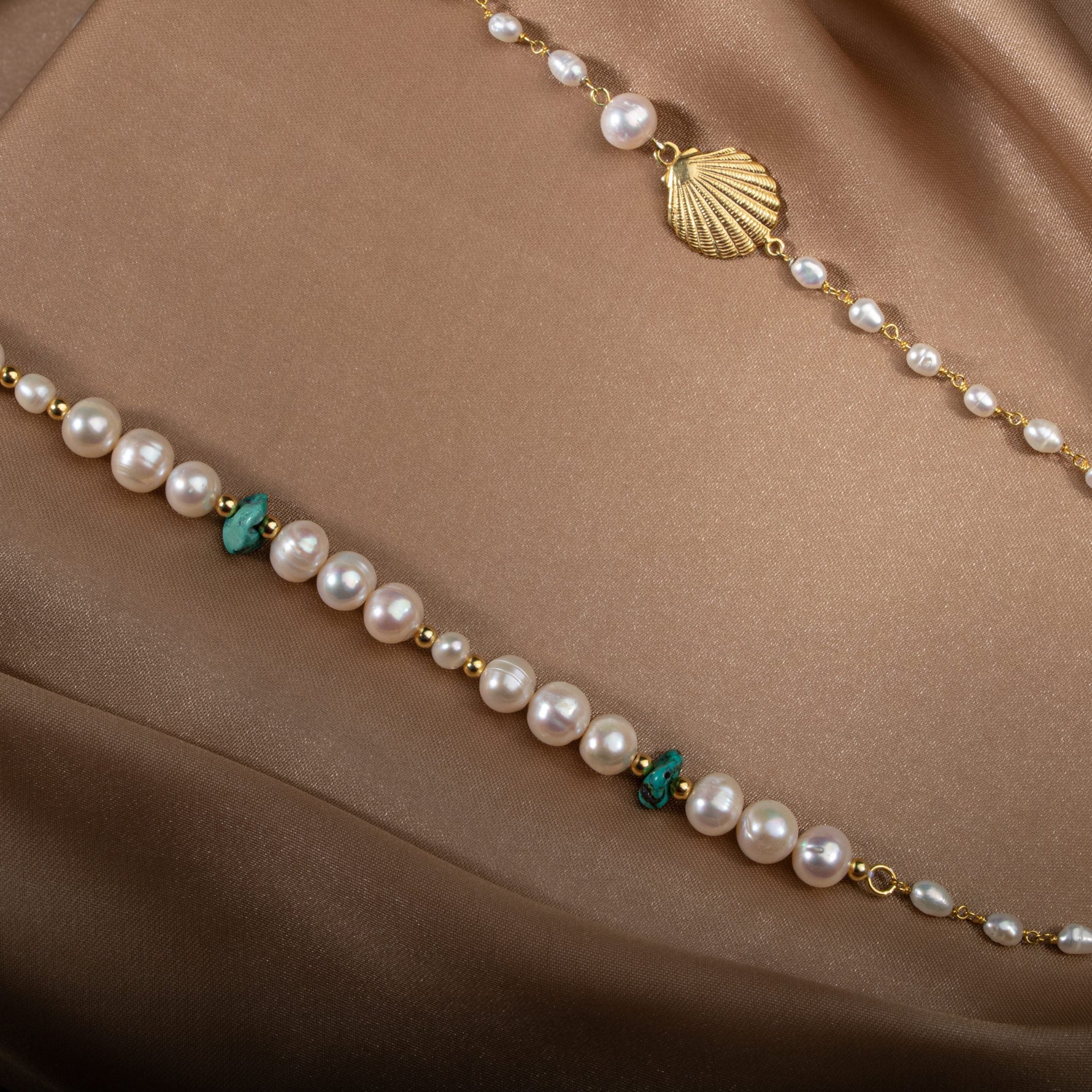 İnci-Turkuaz Doğal Taş Gümüş Midye Kolye