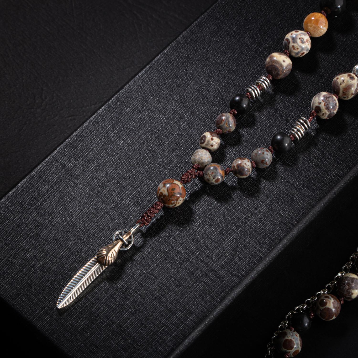 Erkek Kolyesi Fosil Mercan-Şungit-Meksika Jasper-Hematit Doğal Taş Gümüş Tasarım Kolye