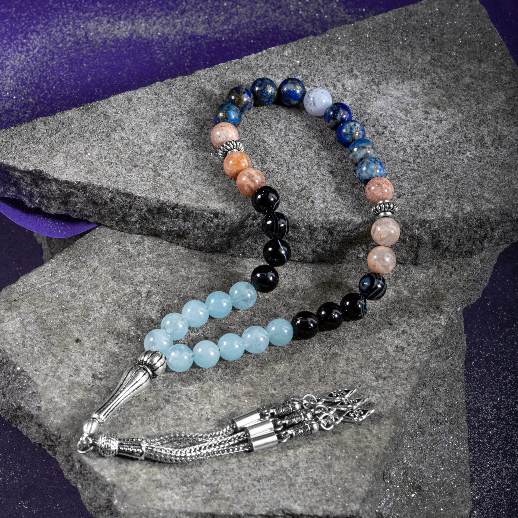 Terazi Burcu Tesbih Akuamarin, Güneş Taşı, Kalsedon, Lapis Lazuli, Siyah Göz Akik