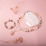 Güneş Taşı-Pembe Kuvars-Ay Taşı Doğal Taş Gümüş Kolye Bileklik Seti- 54cm