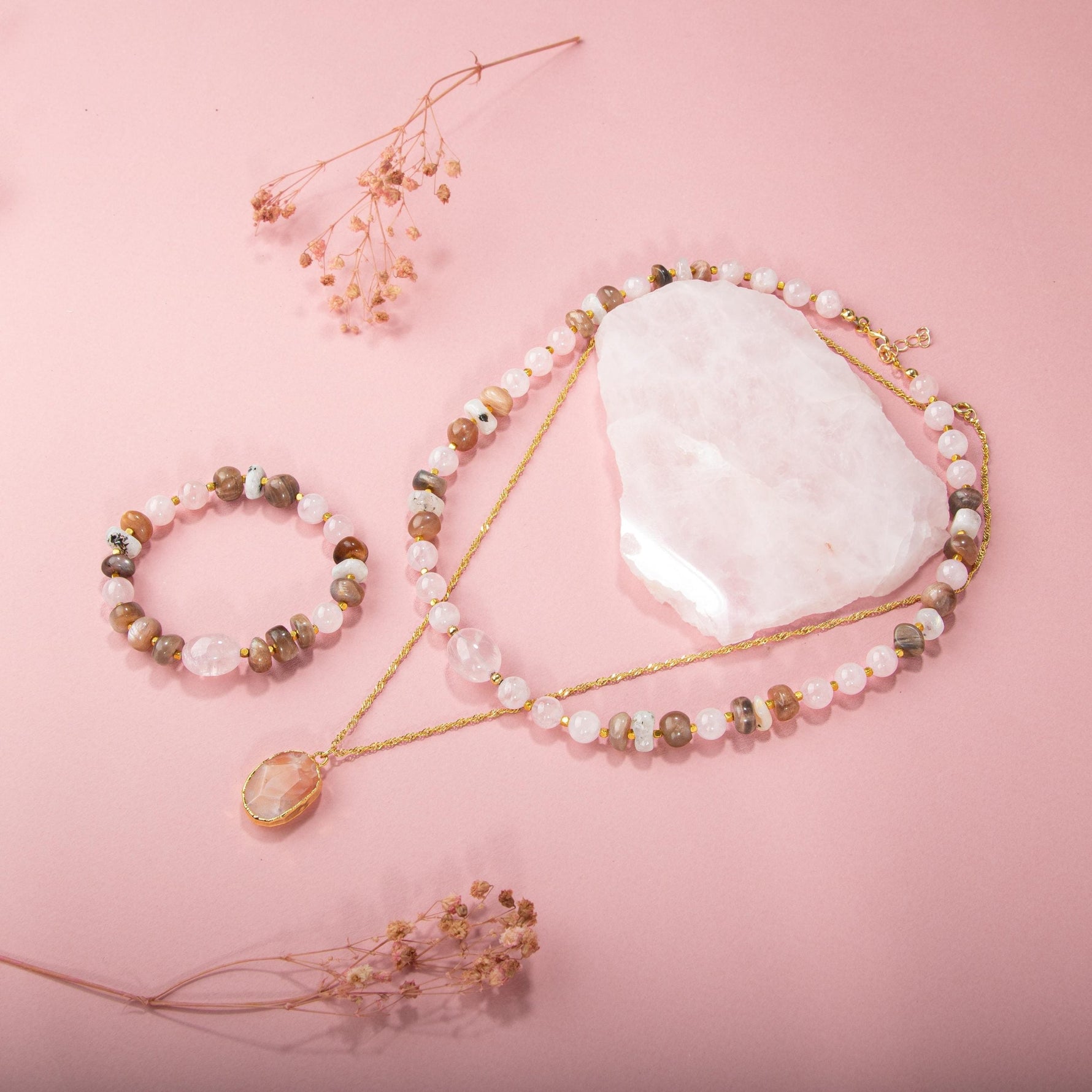 Güneş Taşı-Pembe Kuvars-Ay Taşı Doğal Taş Gümüş Kolye Bileklik Seti- 54cm