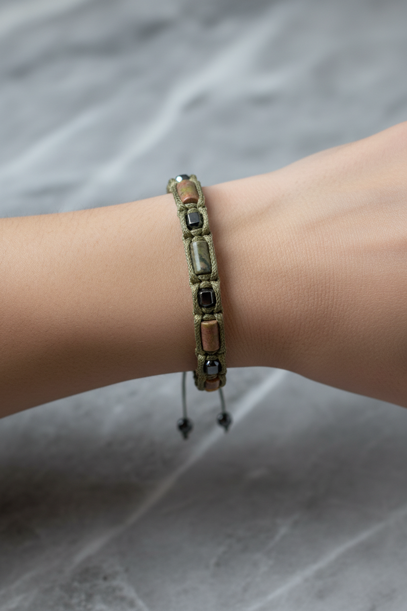 Unakit ve Hematit Doğal Taş Bileklik – İpli Köşeli Makrome Model, Unisex Tasarım