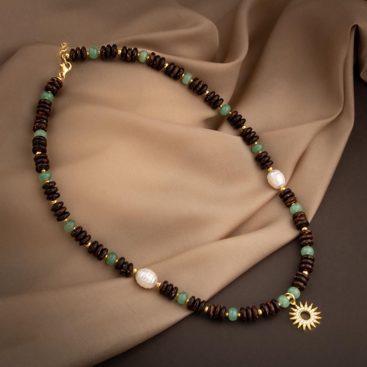 Hindistan Cevizi Kabuğu-Yeşil Aventurin-İnci Doğal Taş Gümüş Tasarım Kolye - 54cm